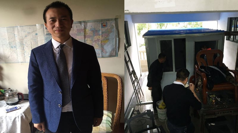 左图:成都秋雨圣约教会的李英强长老。右图:李英强家楼下,便衣警察搭建了板房,用于对他进行长期监视。(来源:李英强脸书)
